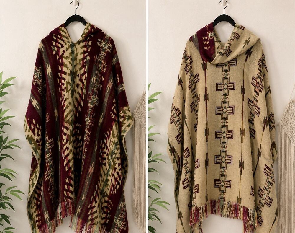 Women’s Aztec Geometric Wool Knit Fringe Shawl/Wrap, Beige Burgundy